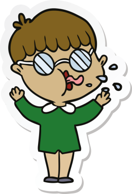 Bir insan tarafından çizilmiş gözlüklü bir çizgi film çocuğunun çıkartması.