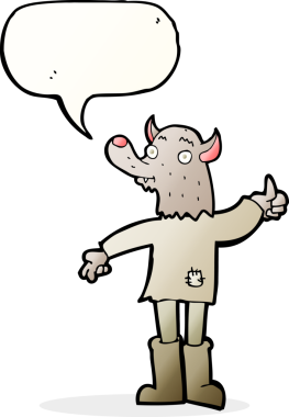 Bir insan tarafından çizilmiş konuşma balonu olan komik bir kurt adam.