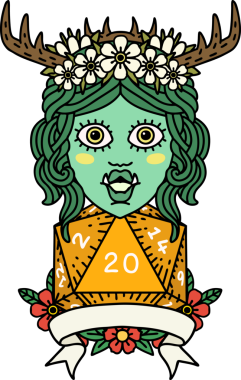 Retro Dövme Biçimli Ork karakteri bir insan tarafından çizilmiş 20 zar ile