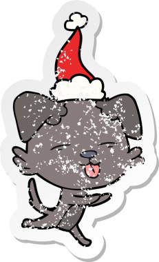 Bir insan tarafından çizilmiş Noel Baba şapkası takan, dili dışarı fırlamış bir köpeğin el çizimi karikatürü.
