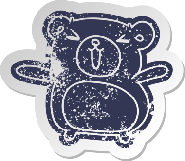 Sıkıntılı eski çizgi film çıkartması Kawaii bir insan tarafından çizilmiş sevimli oyuncak ayı.