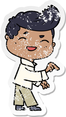 Bir insan tarafından çizilmiş, gülen ve işaret edilen bir çizgi film karakterinin sıkıntılı çıkartması.