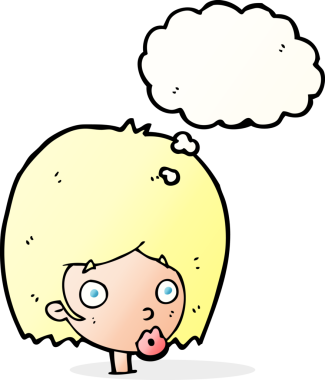 Bir insan tarafından çizilmiş düşünce baloncuğuyla kadın yüzünü şaşırtan çizgi film.