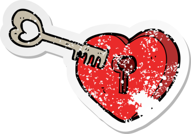Bir insan tarafından çizilmiş anahtar deliğiyle karikatür bir kalbin gerilmiş çıkartması.