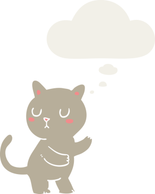 Düşünce baloncuğu olan çizgi film kedisi insan tarafından çizilmiş.