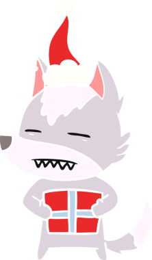 Bir insan tarafından çizilmiş Noel Baba şapkası takan bir kurdun düz renkli çizimi.