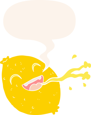 Bir insan tarafından çizilmiş retro tarzı konuşma balonlu limon fışkırtan çizgi film.