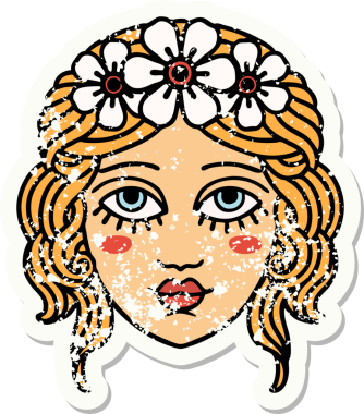 Bir insan tarafından çizilmiş çiçek tacıyla geleneksel bir kadın yüzü dövmesi.