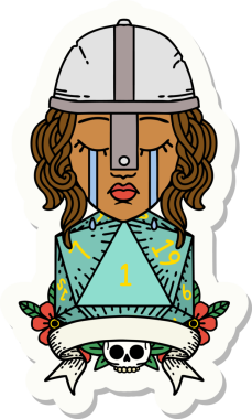 Ağlayan bir insan dövüşçüsünün çıkartması. Bir insan tarafından çizilmiş doğal bir D20 zarı var.