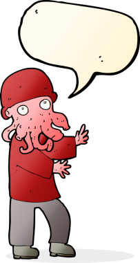 Bir insan tarafından çizilmiş konuşma balonu olan uzaylı bir adam.