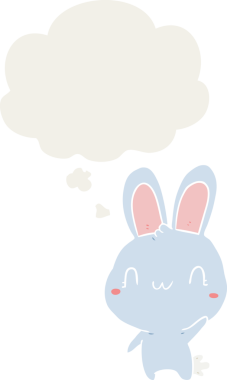 Bir insan tarafından çizilmiş düşünce baloncuğuyla sallanan çizgi film tavşanı.