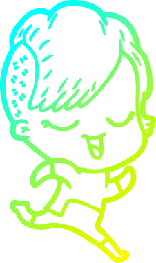 Bir insan tarafından çizilmiş fütüristik giysiler içinde mutlu bir çizgi film kızı çizimi.