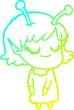 Bir insan tarafından çizilmiş gülümseyen uzaylı kız çizgi filmi.