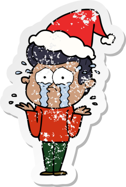 Bir insan tarafından çizilmiş, ağlayan, Noel Baba şapkası takan, kederli bir adamın çıkartması.
