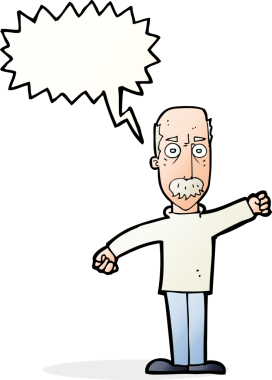 Bir insan tarafından çizilmiş konuşma balonlu kızgın yaşlı adam çizgi filmi.