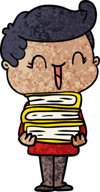 Bir insan tarafından çizilmiş kitapları taşıyan gülen çocuk.