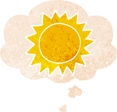 Düşünce baloncuklu karikatür güneşi bir insan tarafından çizilmiş sıkıntılı retro stil