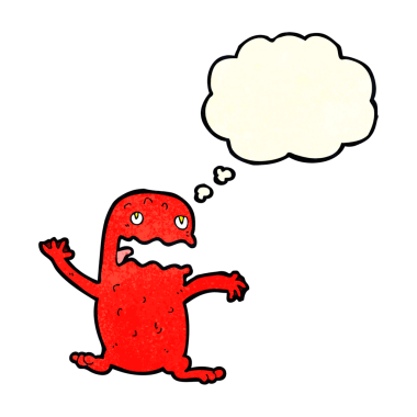 Bir insan tarafından çizilmiş düşünce baloncuklu komik kurbağa.