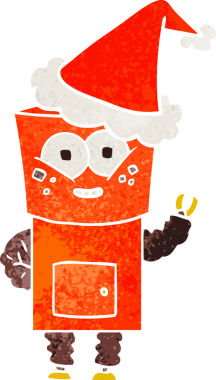 Mutlu el çizimi robot el sallaması bir insan tarafından çizilmiş Noel Baba şapkası.