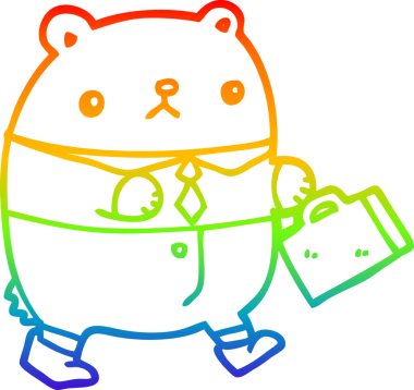 Bir insan tarafından çizilmiş iş kıyafetleri içindeki çizgi film ayısının çizimi.