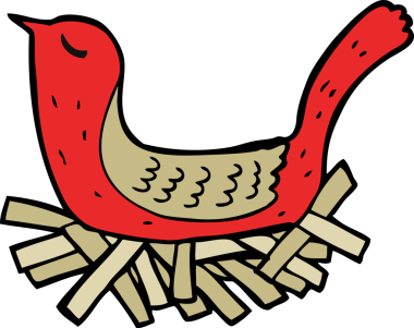 Bir insan tarafından çizilmiş yuvadaki çizgi film kuşu.