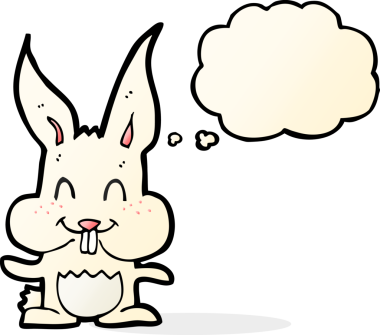 Bir insan tarafından çizilmiş düşünce kabarcığı olan çizgi film tavşanı.