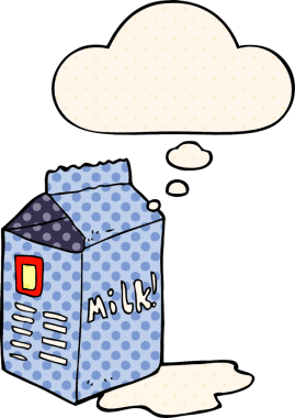 Çizgi roman tarzında bir insan tarafından çizilmiş düşünce balonlu süt kutusu.