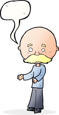 Bir insan tarafından çizilmiş konuşma balonlu bıyıklı bir çizgi film adamı.