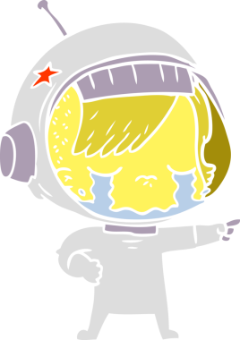 Düz renkli çizgi film ağlayan astronot kız bir insan tarafından çizilmiş.