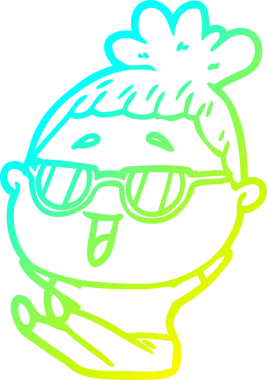 Bir insan tarafından çizilmiş gözlük takan mutlu bir kadının çizgi film çizimi.