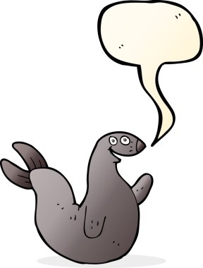 Bir insan tarafından çizilmiş konuşma balonlu mutlu fok.