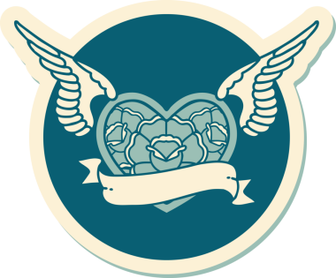 Geleneksel bir dövme stili. Uçan kalp. Çiçekler ve bir insan tarafından çizilmiş bayrak.