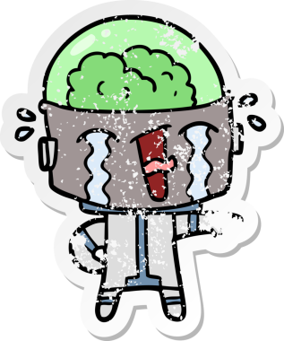 Bir insan tarafından çizilmiş, karikatür ağlayan robot çıkartması.