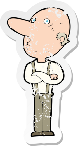 Bir insan tarafından katlanmış kolları olan yaşlı bir adamın karikatür yapıştırması.