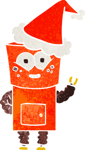 Mutlu el çizimi robot el sallaması bir insan tarafından çizilmiş Noel Baba şapkası.