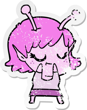 Bir insan tarafından çizilmiş gülümseyen uzaylı kız çizgi filminin sıkıntılı çıkartması.