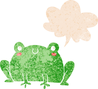 grunge 'da konuşma baloncuğu olan karikatür kurbağası bir insan tarafından çizilmiş dertli retro stil.