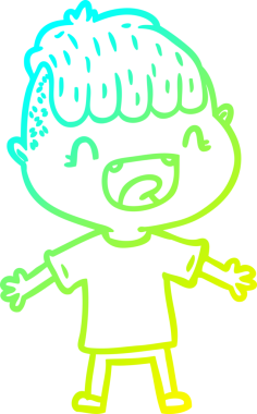 Bir çizgi film karakteri çizen soğuk gradyalı mutlu çocuk bir insan tarafından çizilmiş.