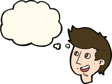 Bir insan tarafından çizilmiş düşünce baloncuklu mutlu çocuk yüzü.