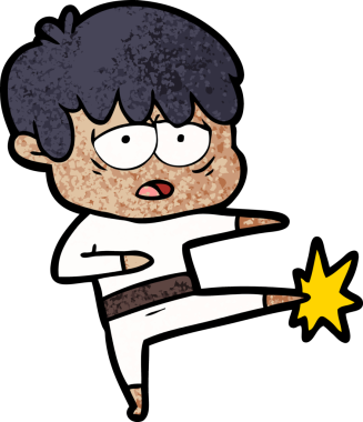 Bir insan tarafından çizilmiş karate yapan bitkin bir çocuk.