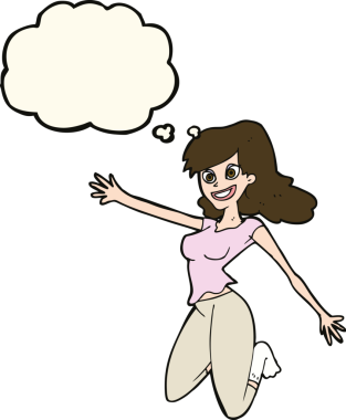 Bir insan tarafından çizilmiş düşünce balonlu zıplayan kadın.