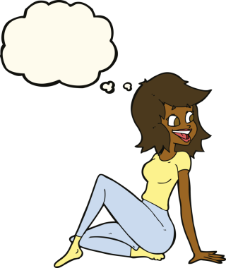 Bir insan tarafından çizilmiş düşünce baloncuğuyla mutlu görünen güzel bir kadın.