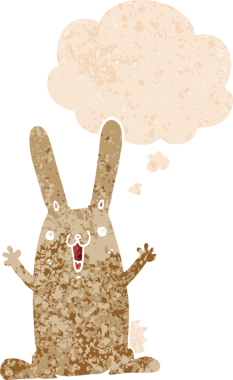 Düşünce baloncuklu çizgi film tavşanı grunge dertli eski moda bir insan tarafından çizilmiş.