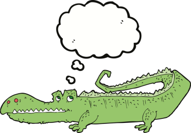 Bir insan tarafından çizilmiş düşünce baloncuklu timsah çizgi filmi.