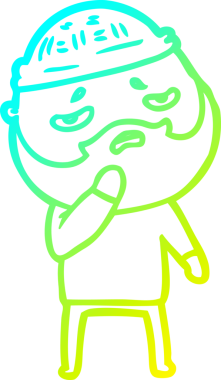 Bir insan tarafından çizilmiş sakallı, endişeli bir çizgi film çizimi.