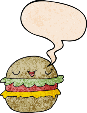 Konuşma baloncuklu çizgi film hamburgeri insan tarafından çizilmiş.