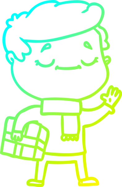 Bir insan tarafından çizilmiş el sallayarak Noel hediyesi taşıyan bir çizgi film karakterinin soğuk gradyan çizimi.