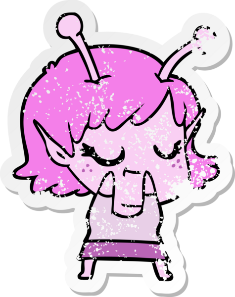 Bir insan tarafından çizilmiş gülümseyen uzaylı kız çizgi filminin sıkıntılı çıkartması.