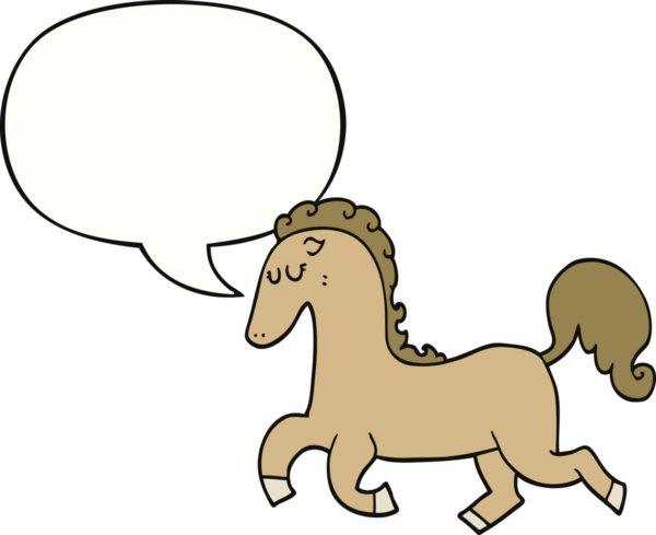 Bir insan tarafından çizilmiş konuşma balonuyla koşan bir at.