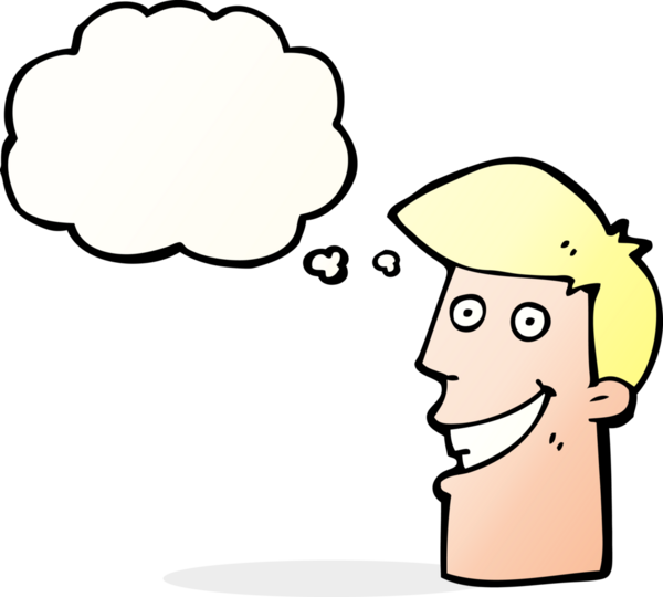 Bir insan tarafından çizilmiş düşünce baloncuğu ile sırıtan çizgi film adamı.